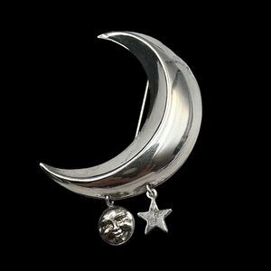 Sterling Silver Crescent Moon and Stars Pin Brooch
